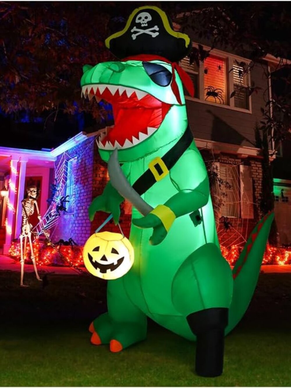 7 FT Halloween Inflatable Pirate Dinosaur with Pumpkin LED Yard Decor